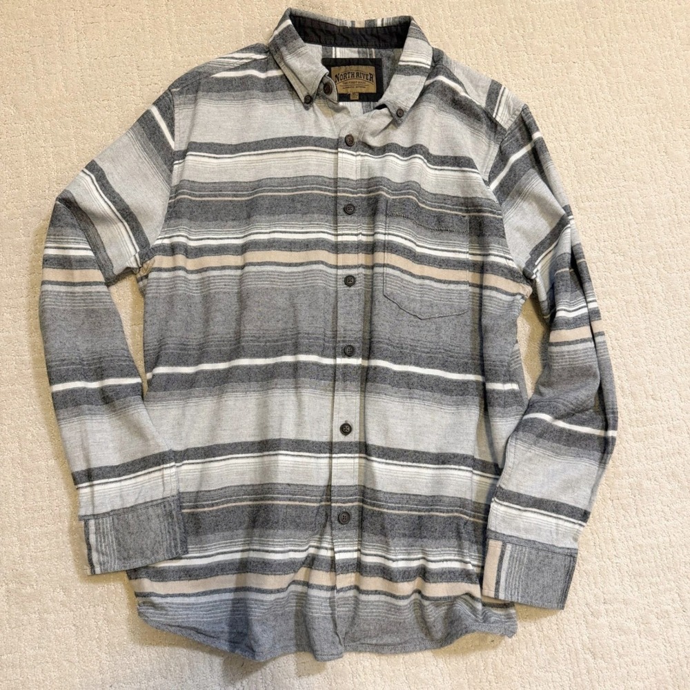 North River Mens XL Flannel Shirt Grey Striped Long Sleeve Cotton Button Down